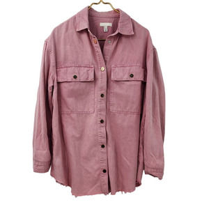 River Island Pink Chambray Snap‎ Button Raw Edge Gold Button Small Oversized